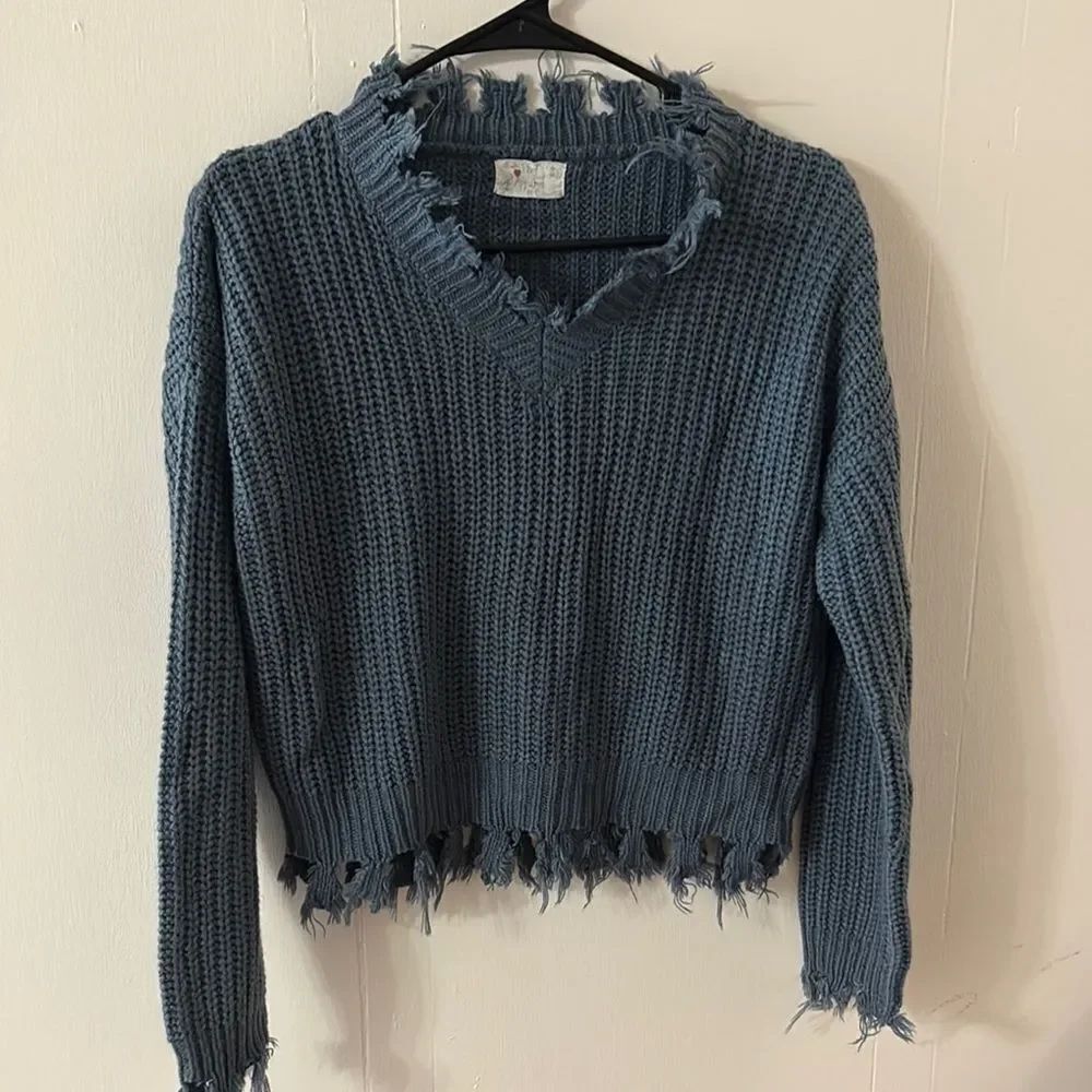Blue Frayed V-Neck Sweater